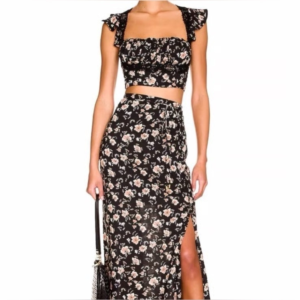 Free People Bijou 2 Pc Floral Set Sz 4 Black Cottagecore Open Back Maxi Skirt - Picture 13 of 14